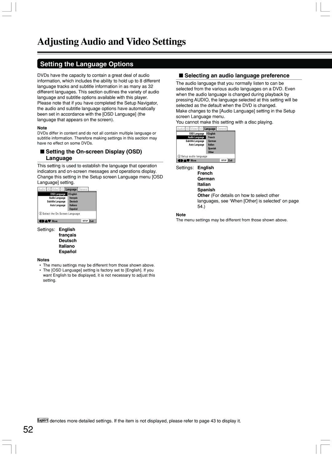 Integra DPS-7.3 Setting the Language Options, Setting the On-screen Display OSD Language, French German Italian Spanish 