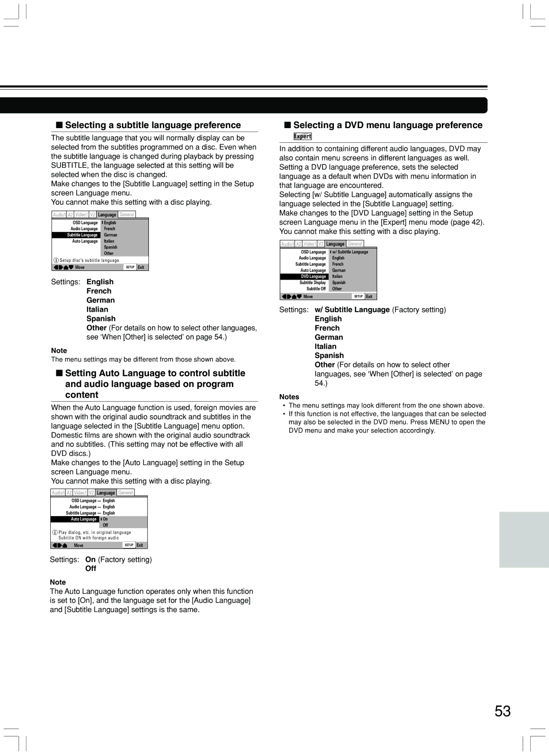 Integra DPS-7.3 instruction manual Selecting a subtitle language preference, Selecting a DVD menu language preference 