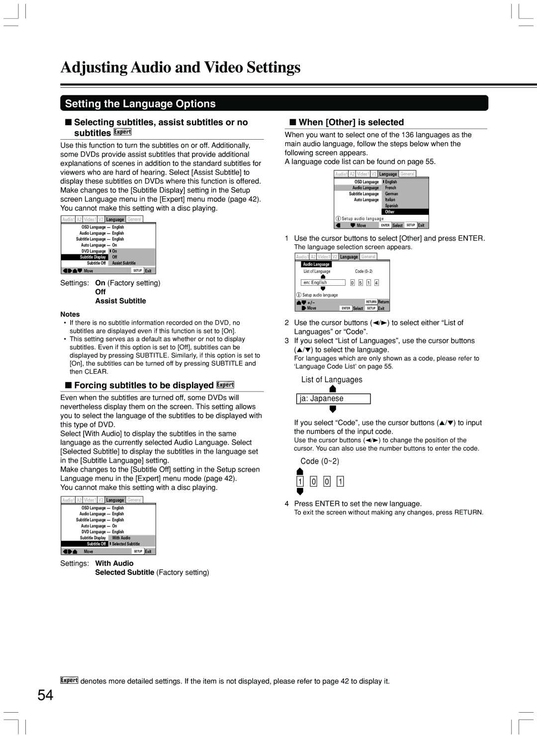 Integra DPS-7.3 instruction manual Forcing subtitles to be displayed Expert, When Other is selected, Off Assist Subtitle 