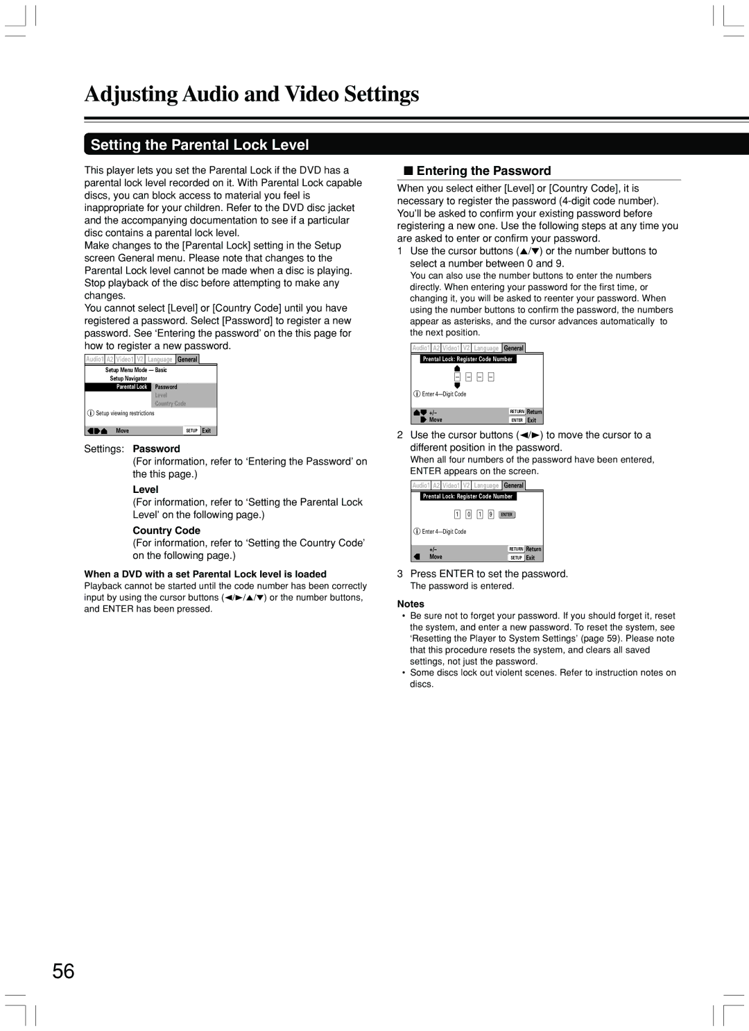 Integra DPS-7.3 Setting the Parental Lock Level, Entering the Password, Country Code, Press Enter to set the password 