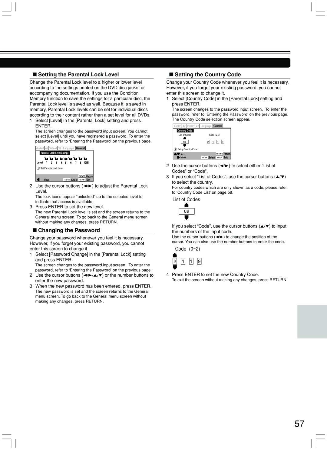 Integra DPS-7.3 instruction manual Setting the Parental Lock Level, Changing the Password, Setting the Country Code 