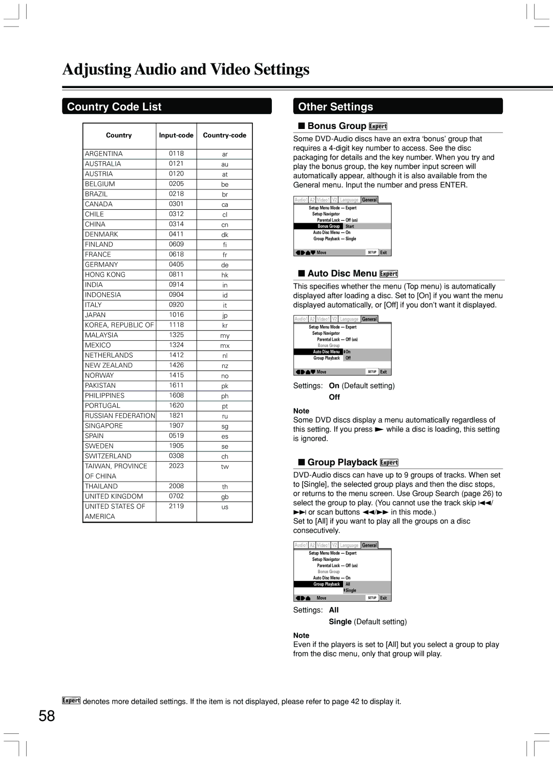 Integra DPS-7.3 Country Code List Other Settings, Bonus Group Expert, Auto Disc Menu Expert, Group Playback Expert 