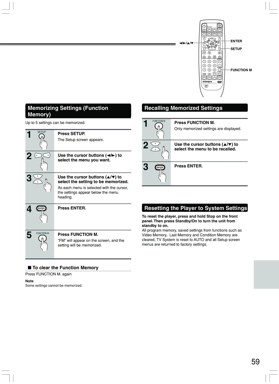 Integra DPS-7.3 Memorizing Settings Function Memory, Recalling Memorized Settings, Resetting the Player to System Settings 