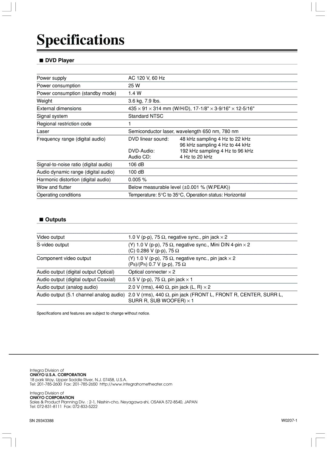 Integra DPS-7.3 instruction manual Specifications, DVD Player, Outputs 