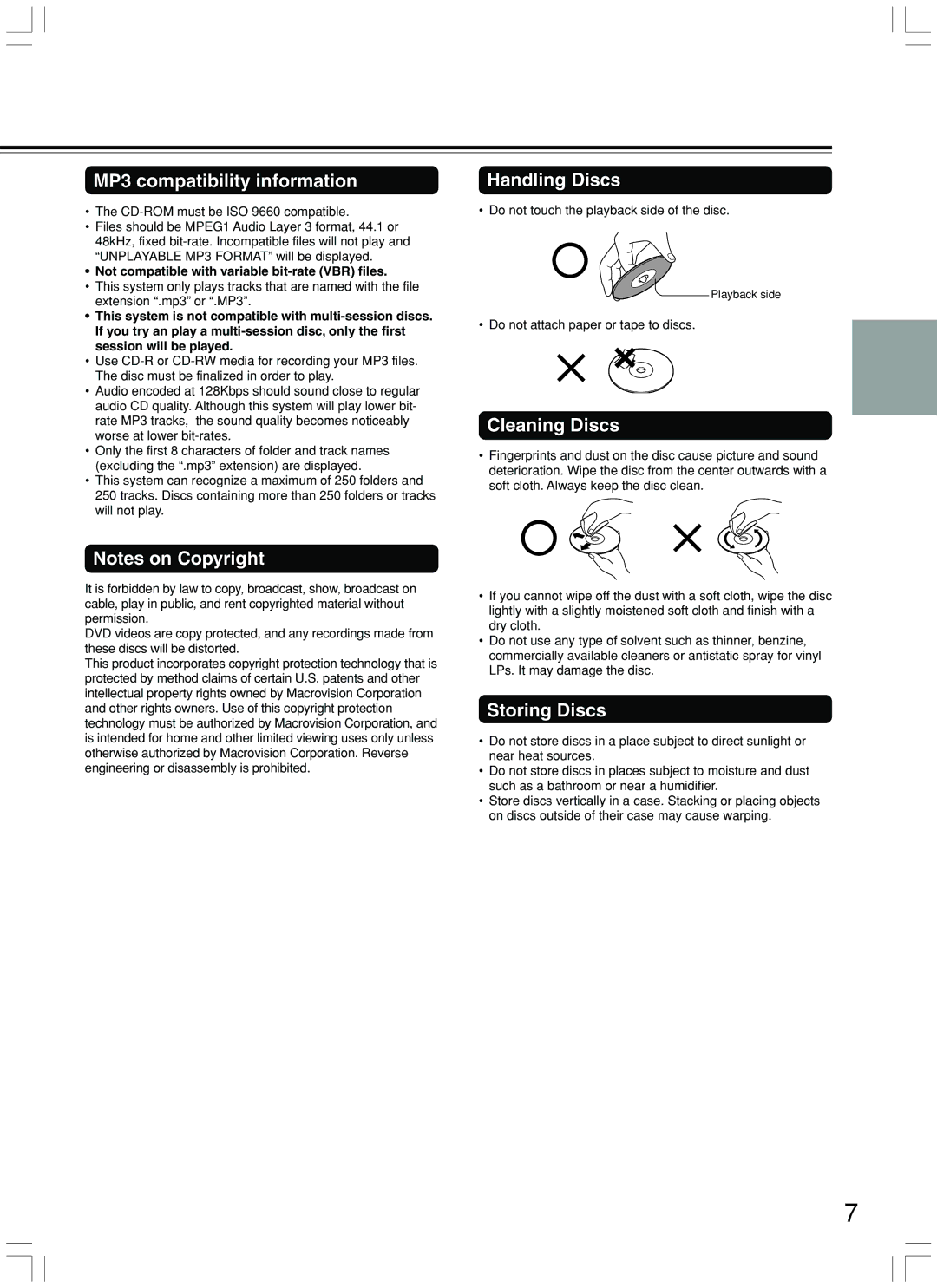 Integra DPS-7.3 instruction manual MP3 compatibility information, Handling Discs, Cleaning Discs, Storing Discs 