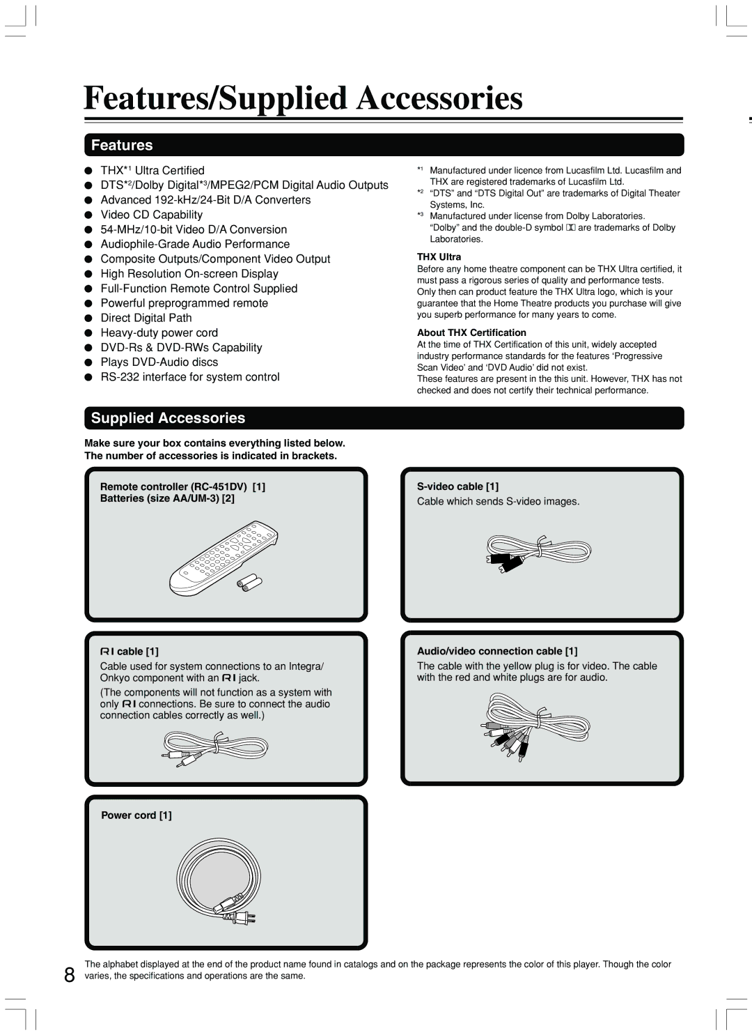 Integra DPS-7.3 instruction manual Features/Supplied Accessories 