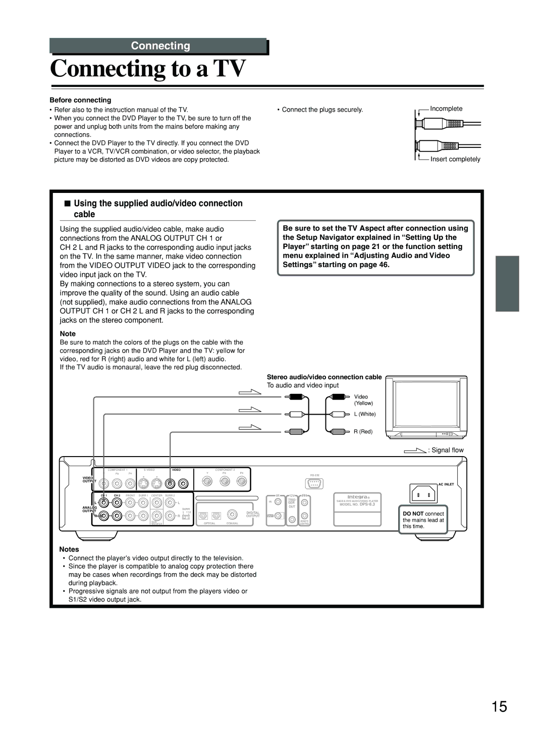 Integra DPS-8.3 instruction manual Connecting to a TV, Using the supplied audio/video connection cable, Before connecting 