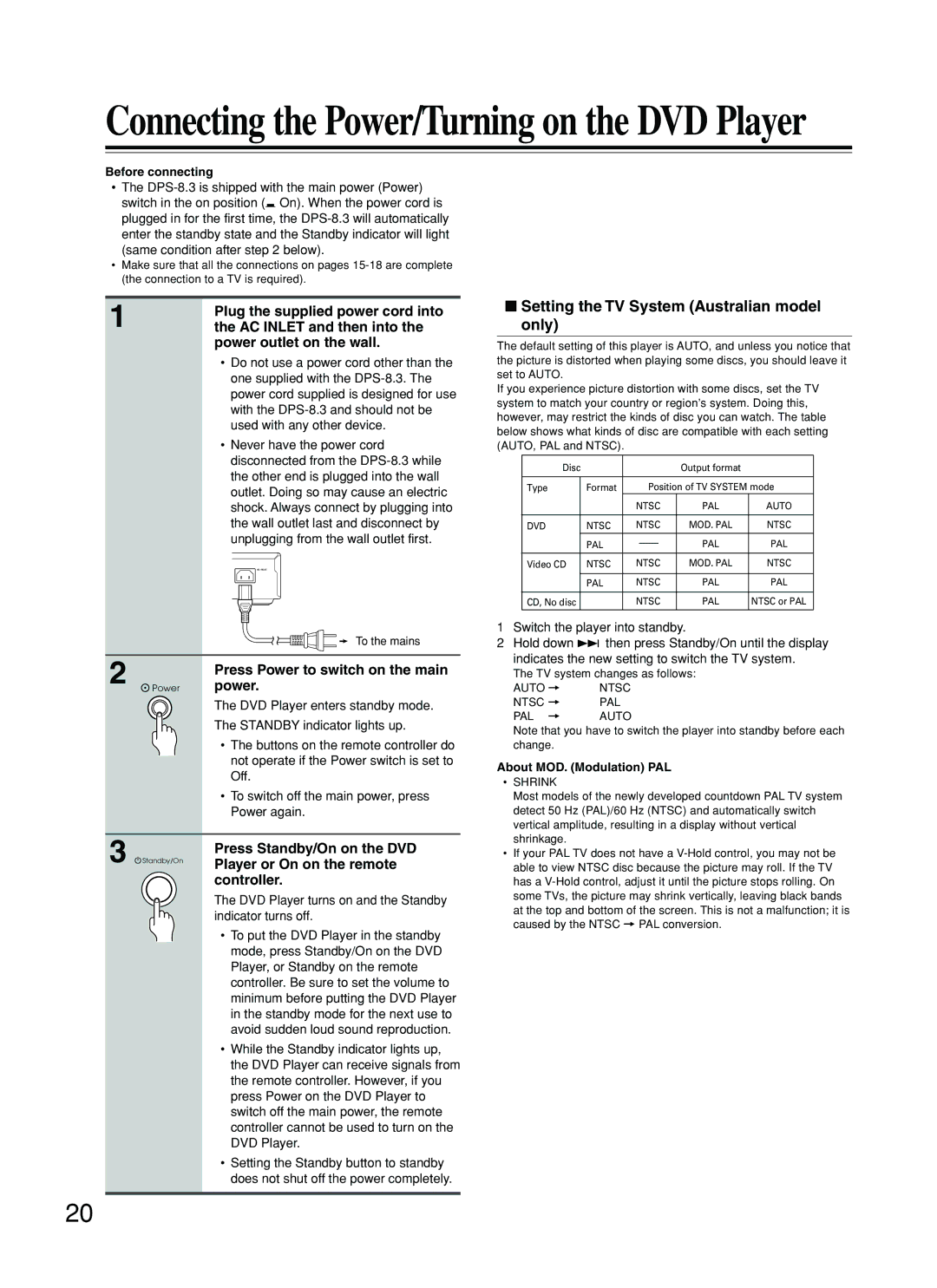 Integra DPS-8.3 instruction manual Setting the TV System Australian model only 