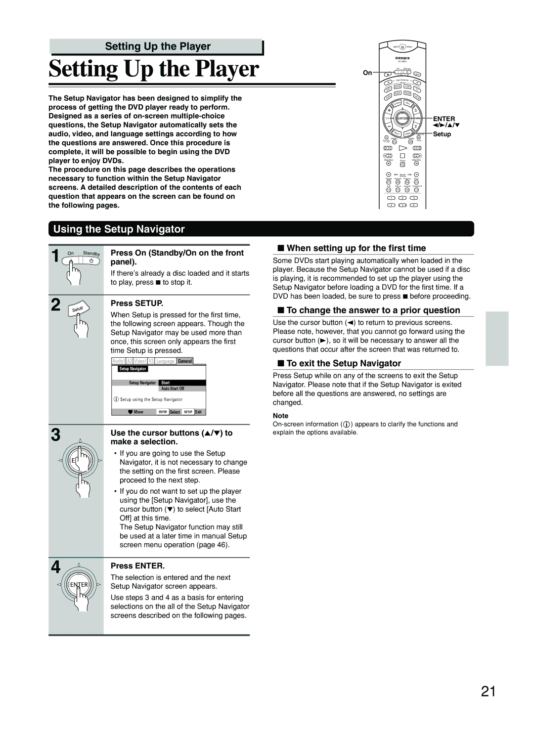 Integra DPS-8.3 instruction manual Setting Up the Player, Using the Setup Navigator, When setting up for the first time 