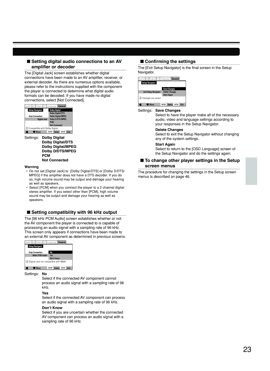 Integra DPS-8.3 instruction manual Setting compatibility with 96 kHz output, Confirming the settings 