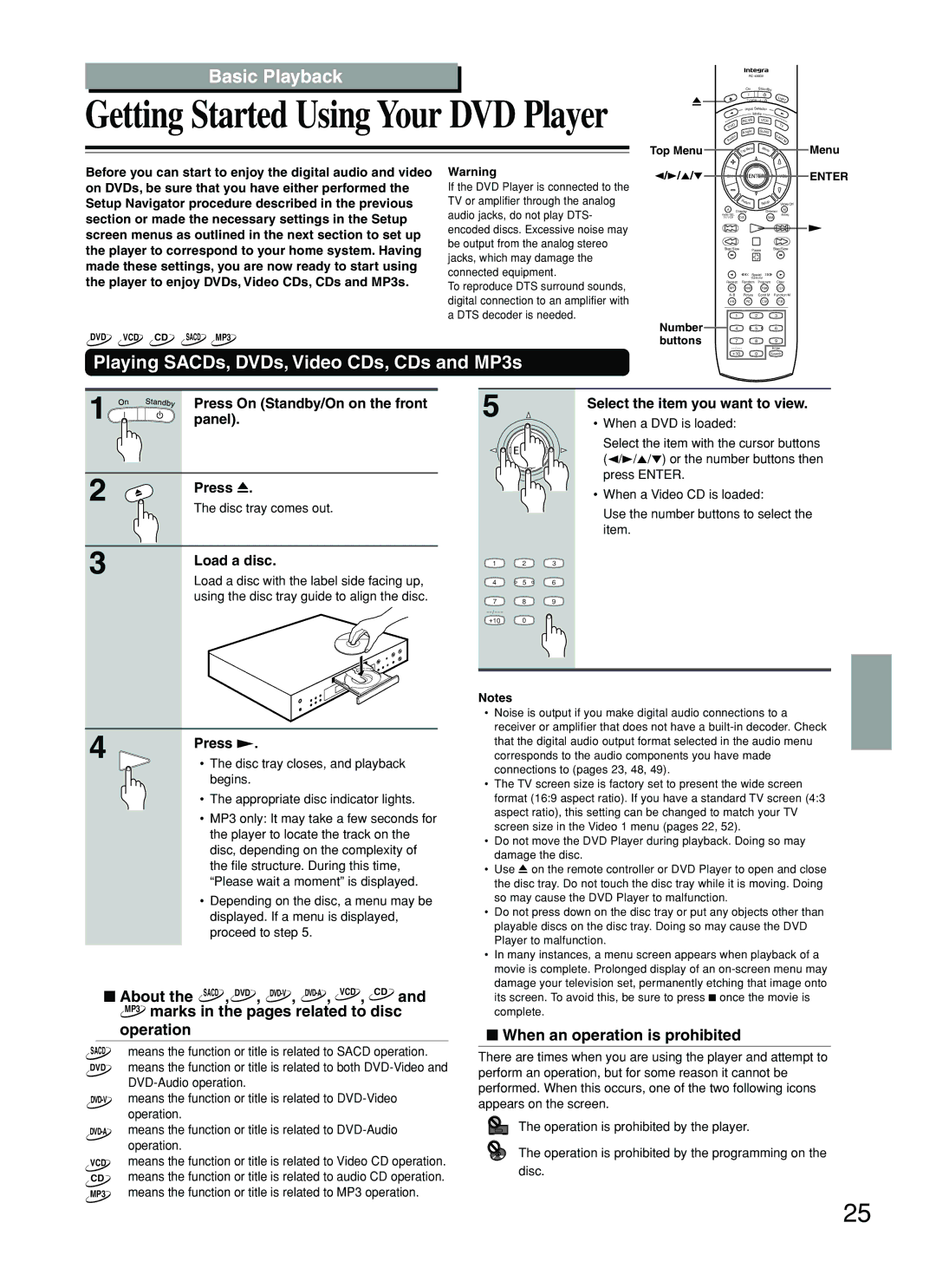 Integra DPS-8.3 Basic Playback, Playing SACDs, DVDs, Video CDs, CDs and MP3s, When an operation is prohibited 