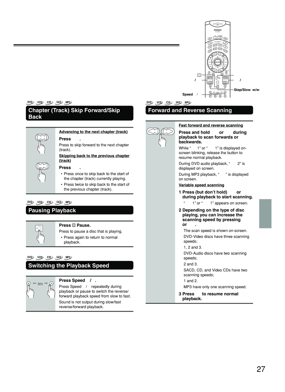 Integra DPS-8.3 instruction manual Chapter Track Skip Forward/Skip Back, Pausing Playback, Switching the Playback Speed 