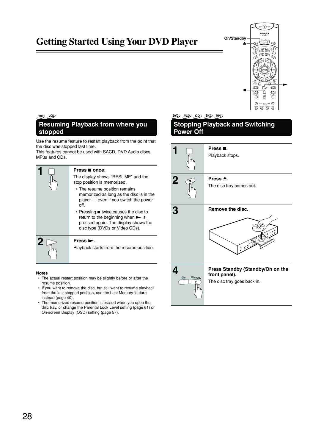 Integra DPS-8.3 instruction manual Resuming Playback from where you stopped, Stopping Playback and Switching Power Off 