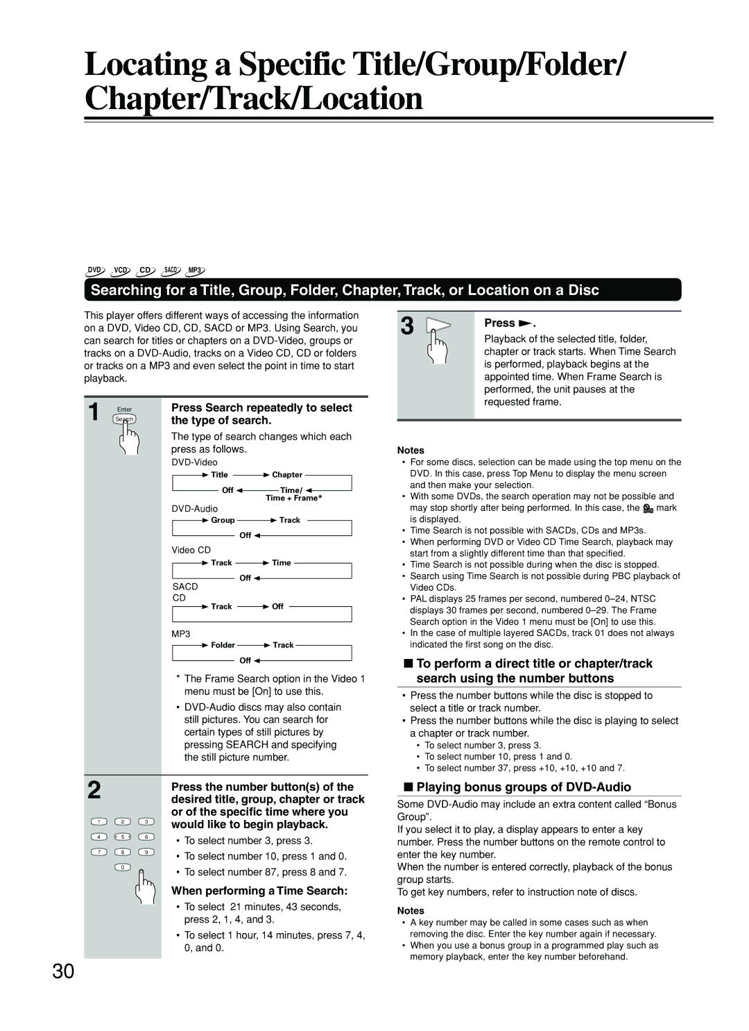 Integra DPS-8.3 To perform a direct title or chapter/track, Search using the number buttons, When performing a Time Search 