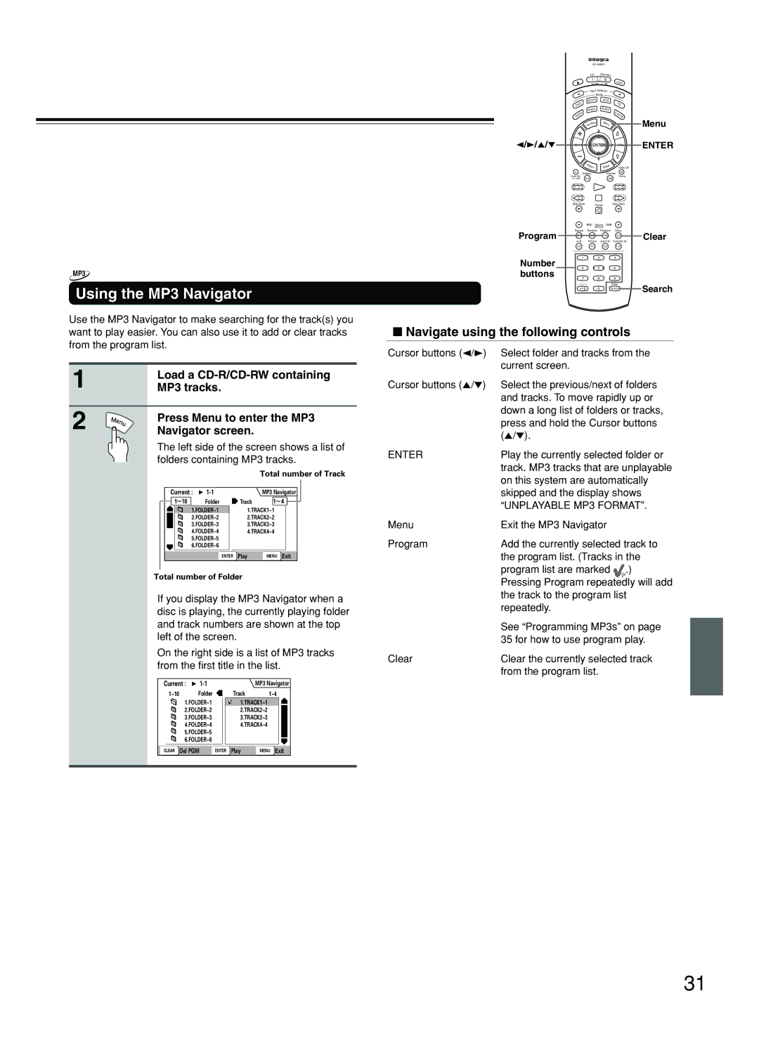 Integra DPS-8.3 instruction manual Using the MP3 Navigator, Navigate using the following controls 