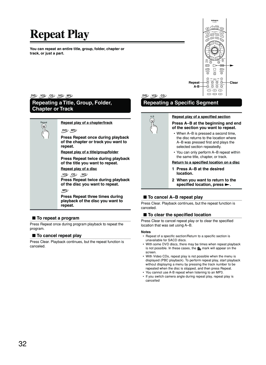 Integra DPS-8.3 Repeat Play, Repeating a Title, Group, Folder, Chapter or Track, Repeating a Specific Segment 