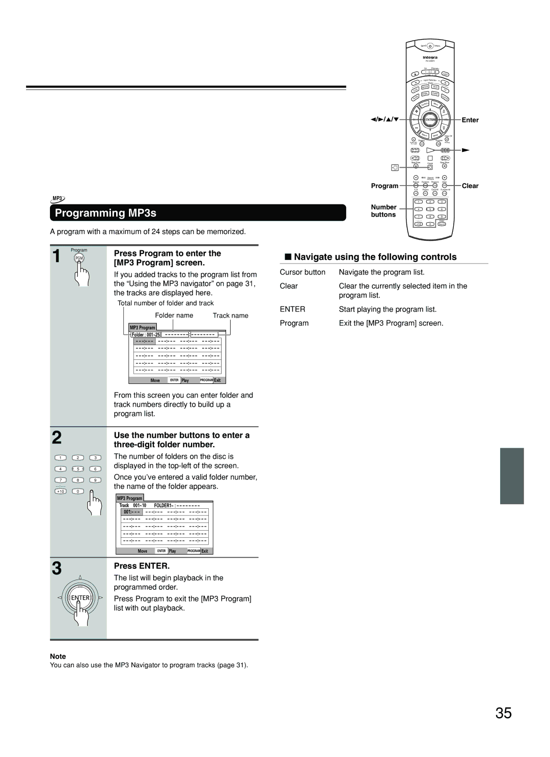 Integra DPS-8.3 instruction manual Programming MP3s, Press Program to enter the MP3 Program screen 