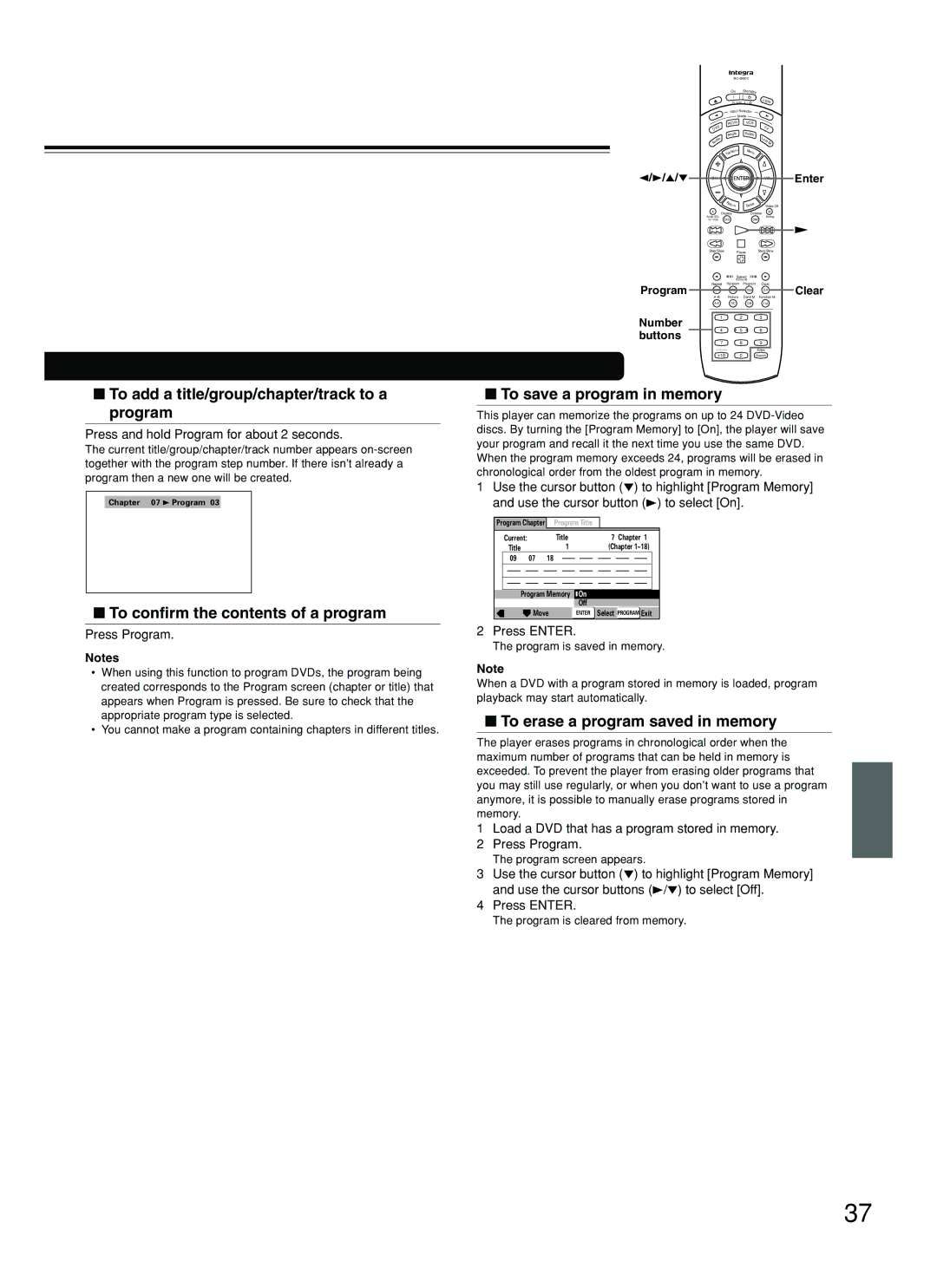 Integra DPS-8.3 To add a title/group/chapter/track to a program, To save a program in memory, Press Enter 