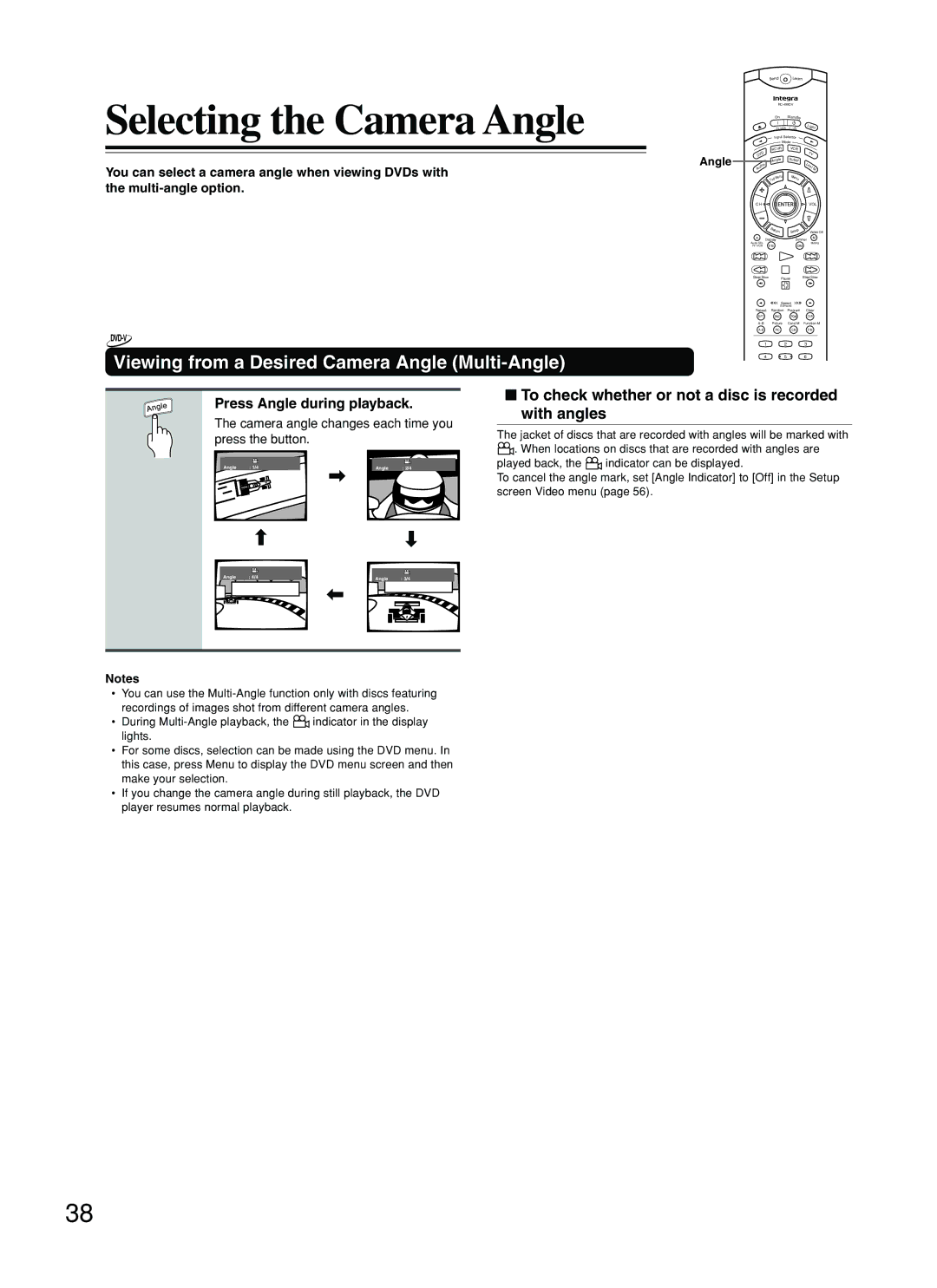 Integra DPS-8.3 Selecting the Camera Angle, Viewing from a Desired Camera Angle Multi-Angle, Press Angle during playback 