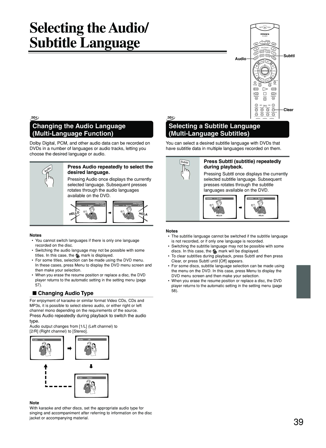 Integra DPS-8.3 instruction manual Changing the Audio Language Multi-Language Function, Changing Audio Type 