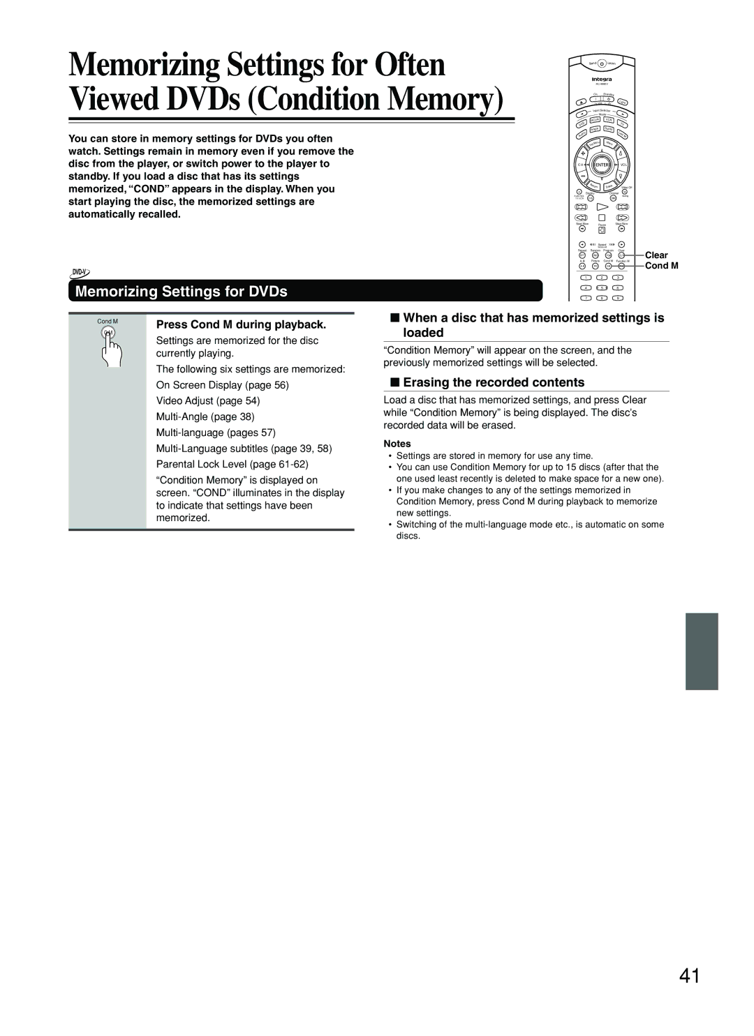 Integra DPS-8.3 instruction manual Memorizing Settings for DVDs, When a disc that has memorized settings is loaded 