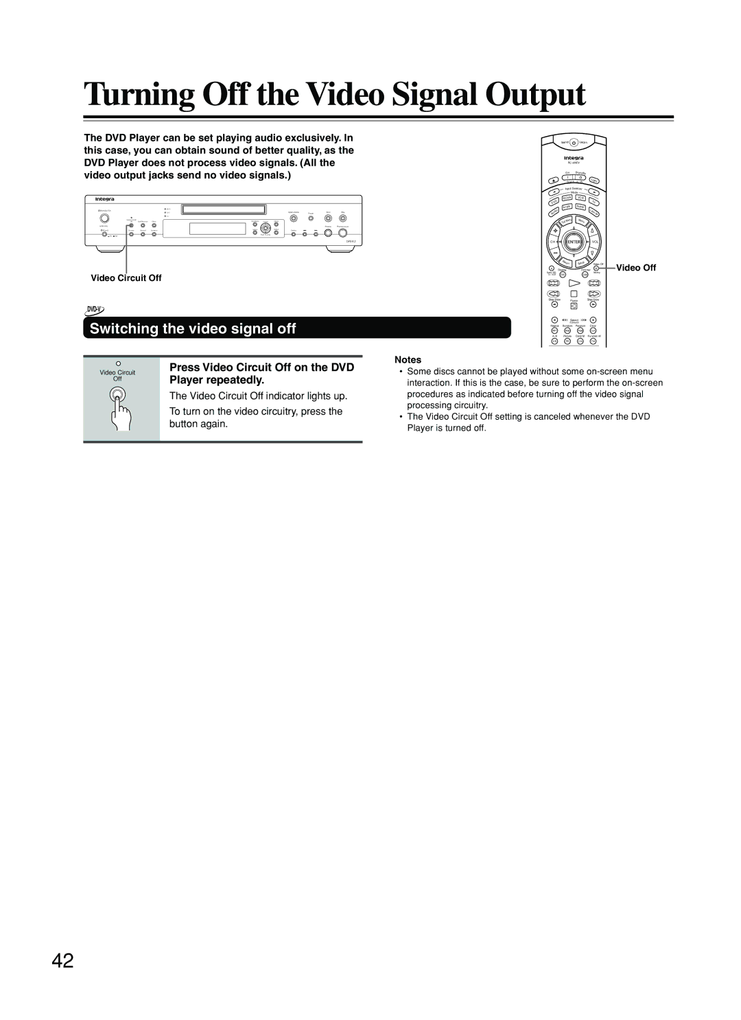 Integra DPS-8.3 Turning Off the Video Signal Output, Switching the video signal off, Press Video Circuit Off on the DVD 