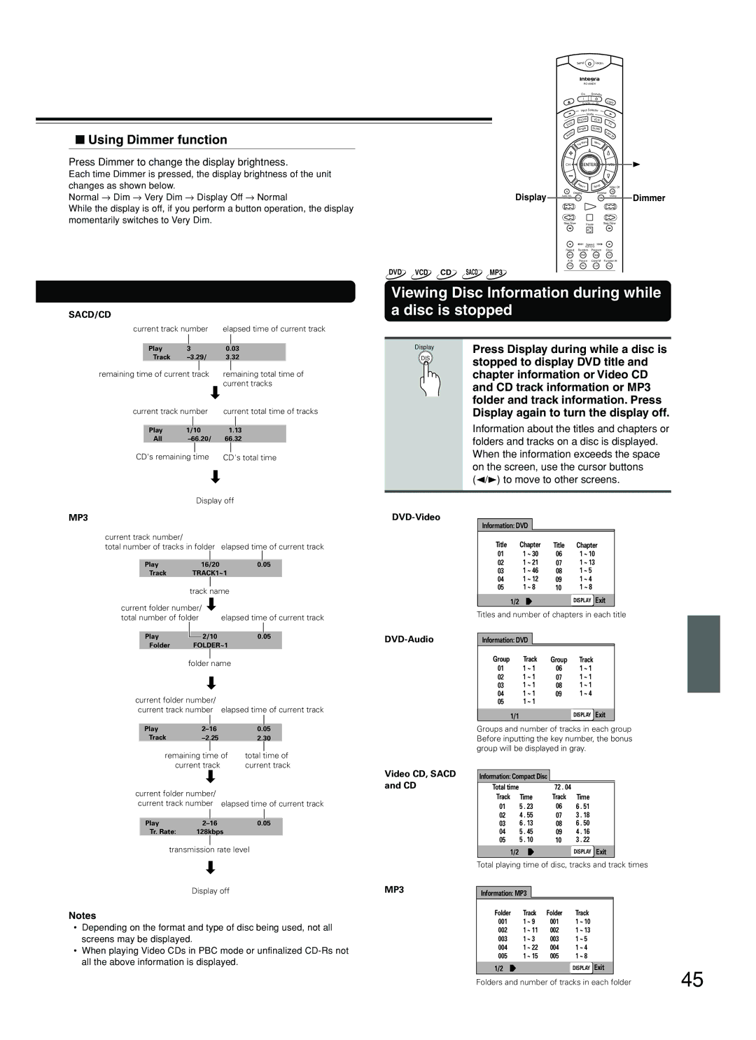 Integra DPS-8.3 instruction manual Viewing Disc Information during while a disc is stopped, Using Dimmer function 