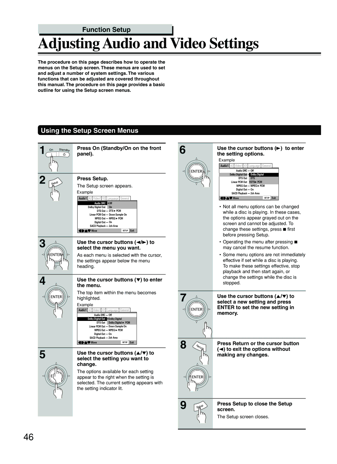 Integra DPS-8.3 instruction manual Adjusting Audio and Video Settings, Using the Setup Screen Menus 