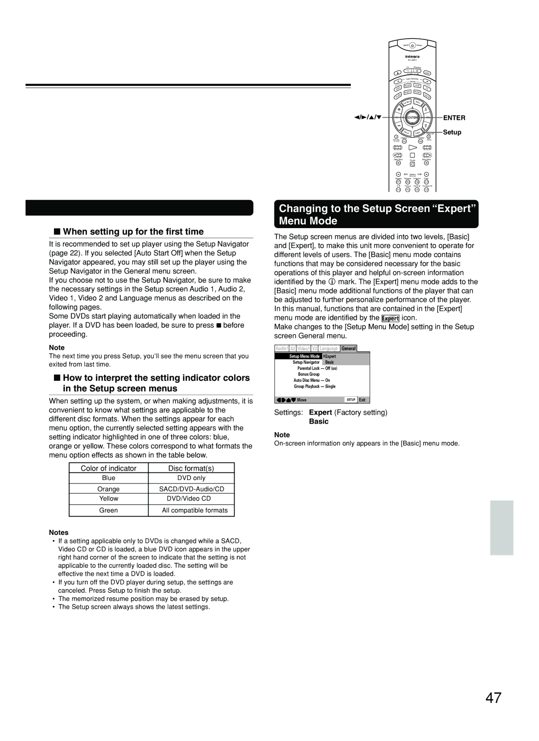 Integra DPS-8.3 instruction manual Changing to the Setup Screen Expert Menu Mode, Settings Expert Factory setting, Basic 