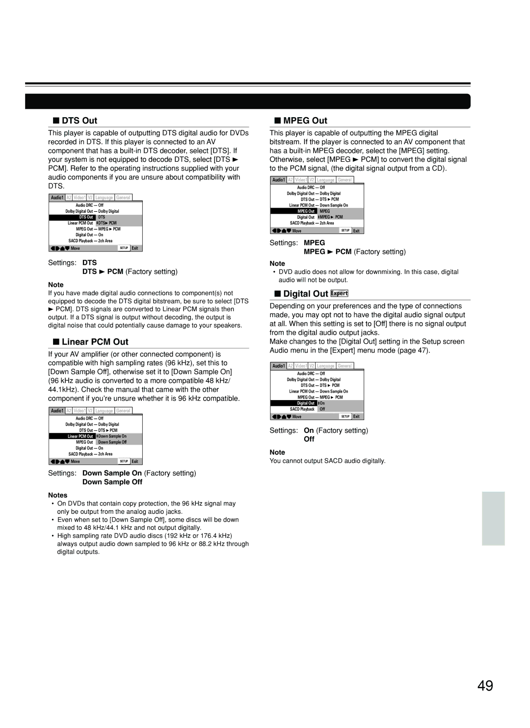 Integra DPS-8.3 instruction manual DTS Out, Linear PCM Out, Mpeg Out, Digital Out Expert 