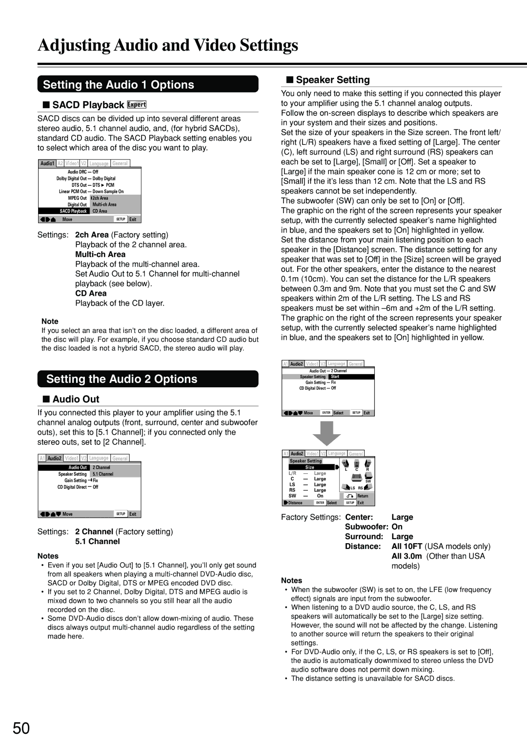 Integra DPS-8.3 instruction manual Setting the Audio 2 Options, Sacd Playback Expert, Audio Out, Speaker Setting 