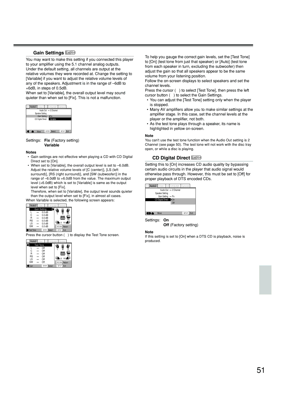 Integra DPS-8.3 Gain Settings Expert, CD Digital Direct Expert, Settings Fix Factory setting Variable, Off Factory setting 