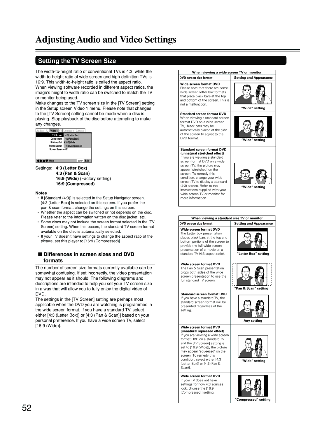 Integra DPS-8.3 Setting the TV Screen Size, Differences in screen sizes and DVD formats, Settings 43 Letter Box Pan & Scan 