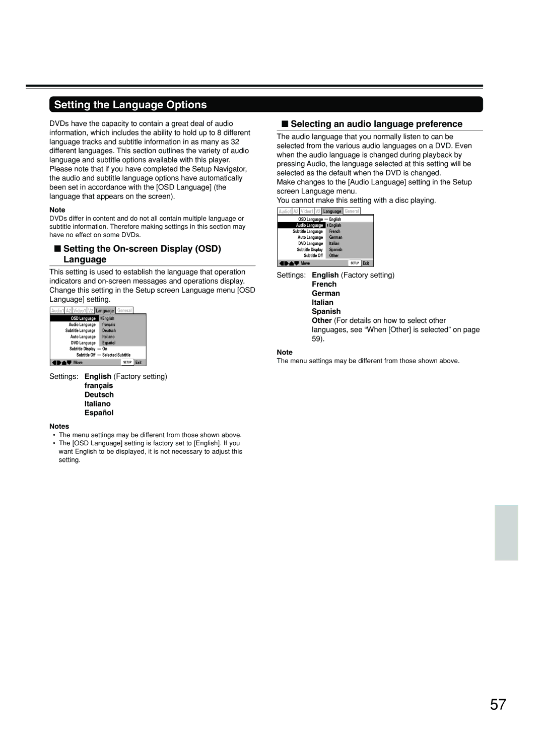 Integra DPS-8.3 Setting the Language Options, Setting the On-screen Display OSD Language, Deutsch Italiano Español 