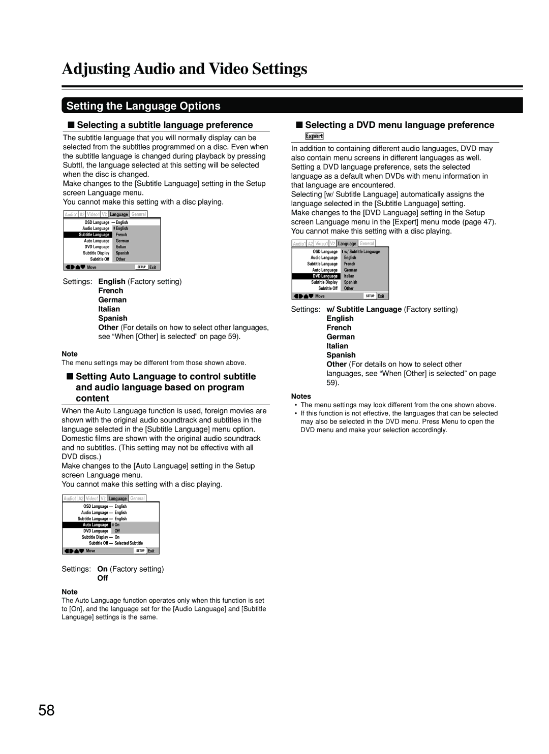 Integra DPS-8.3 instruction manual Selecting a subtitle language preference, Selecting a DVD menu language preference 