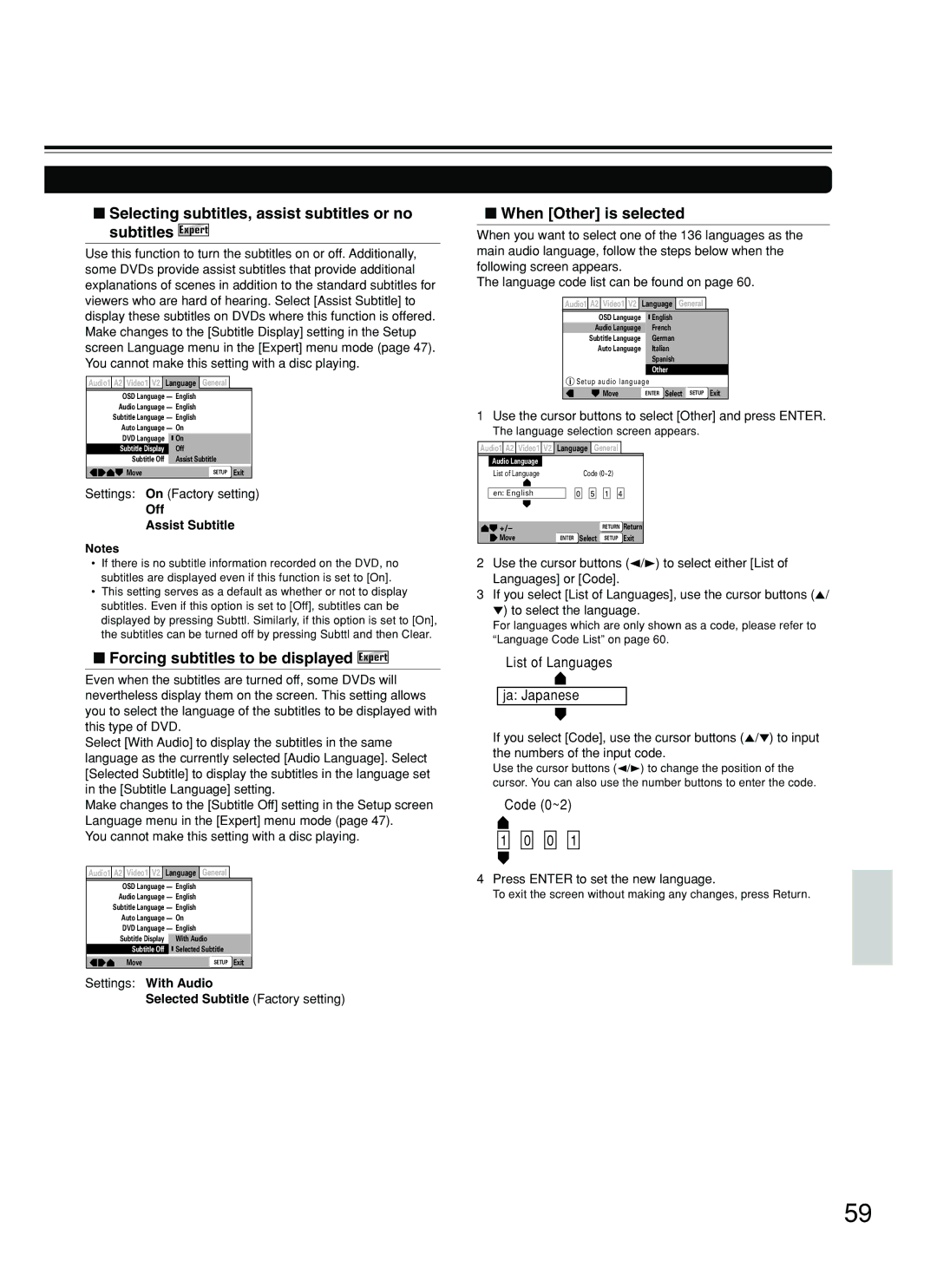 Integra DPS-8.3 instruction manual Forcing subtitles to be displayed Expert, When Other is selected, Off Assist Subtitle 