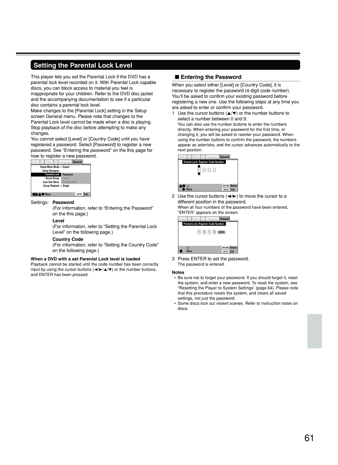 Integra DPS-8.3 Setting the Parental Lock Level, Entering the Password, Country Code, Press Enter to set the password 