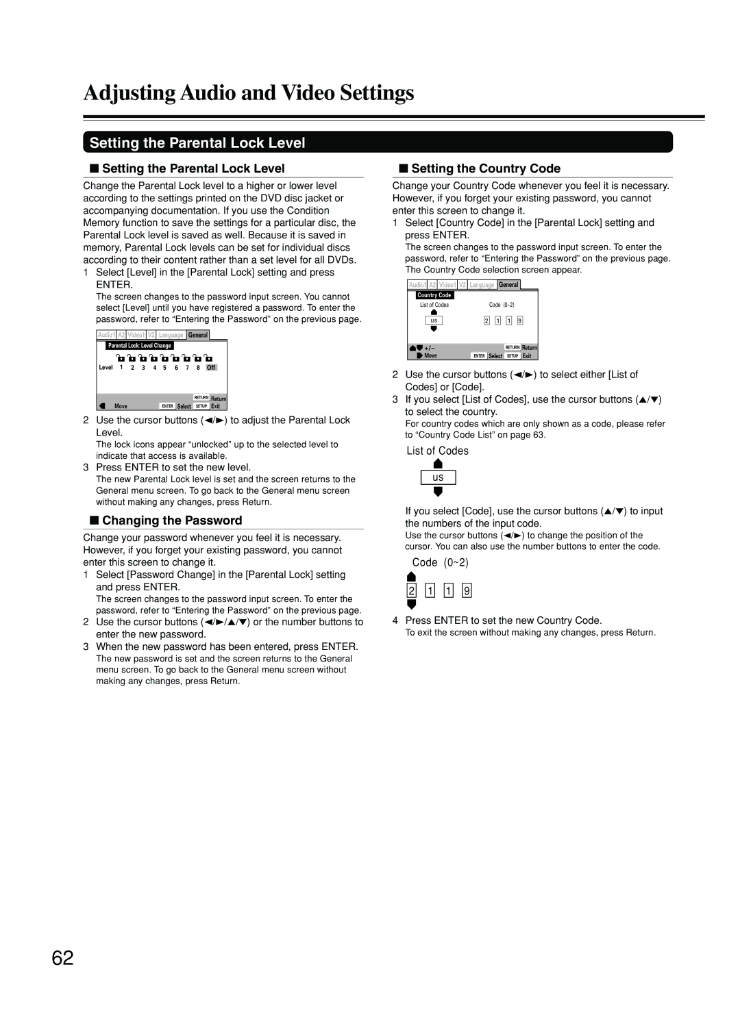 Integra DPS-8.3 instruction manual Setting the Parental Lock Level, Changing the Password, Setting the Country Code 