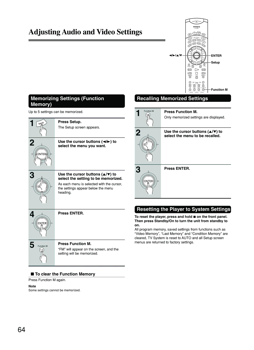 Integra DPS-8.3 Memorizing Settings Function Memory, Recalling Memorized Settings, Resetting the Player to System Settings 