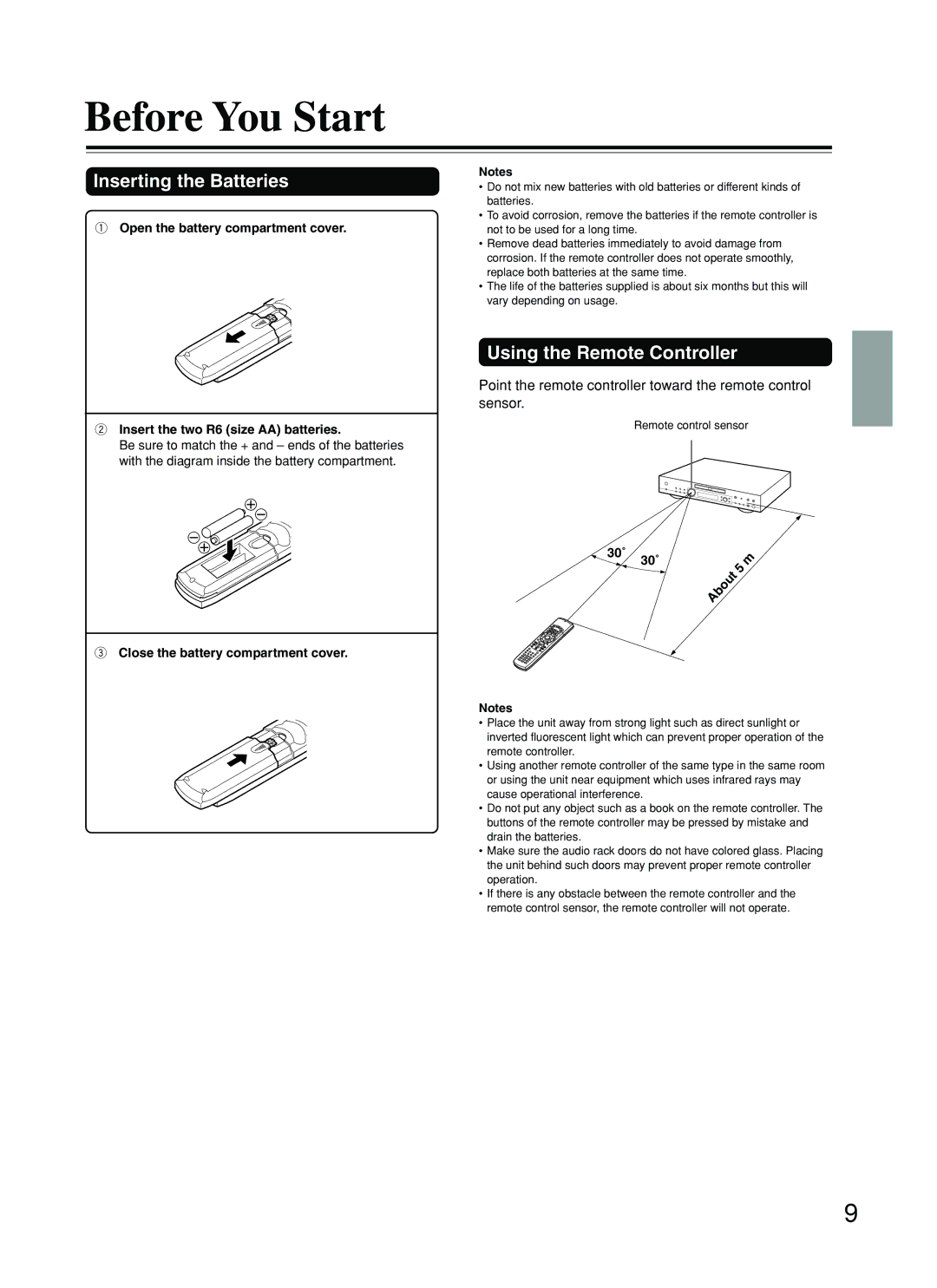 Integra DPS-8.3 instruction manual Before You Start, Inserting the Batteries, Using the Remote Controller 