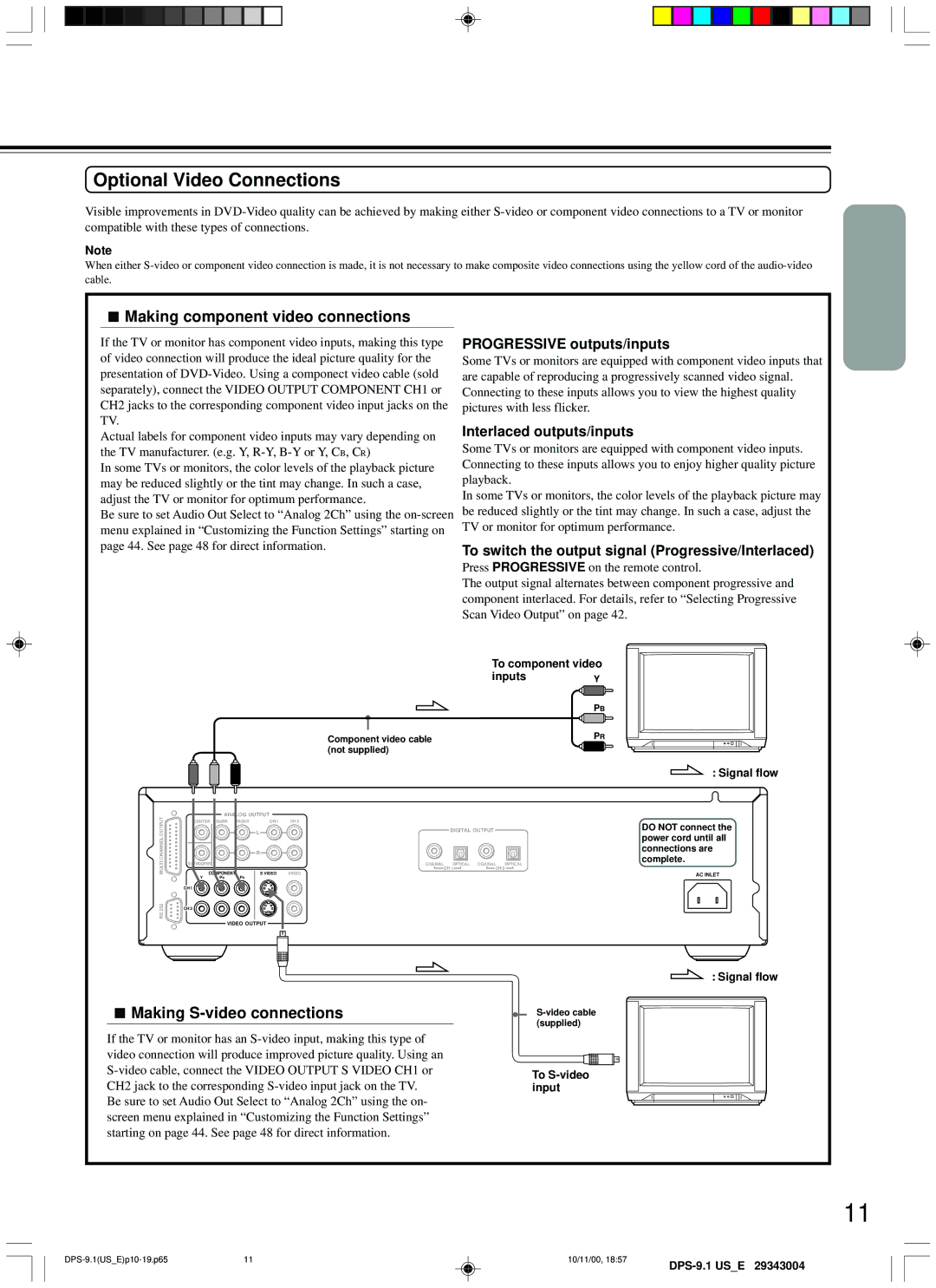 Integra DPS-9.1 Optional Video Connections, Making component video connections, Making S-video connections 