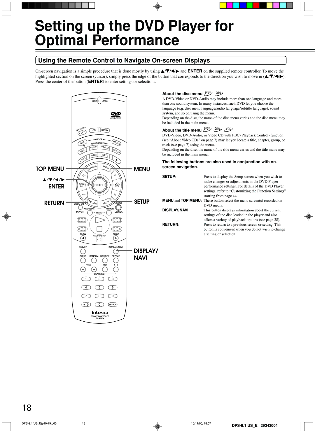 Integra DPS-9.1 Setting up the DVD Player for Optimal Performance, Using the Remote Control to Navigate On-screen Displays 