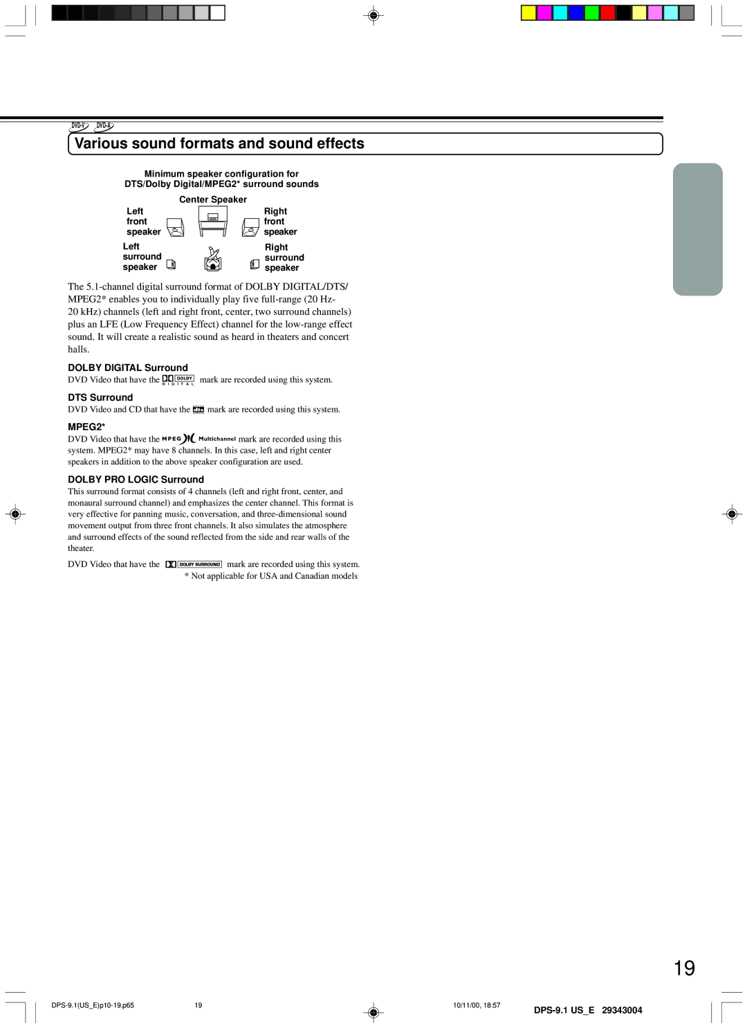 Integra DPS-9.1 instruction manual Various sound formats and sound effects, Speaker, Dolby Digital Surround, DTS Surround 