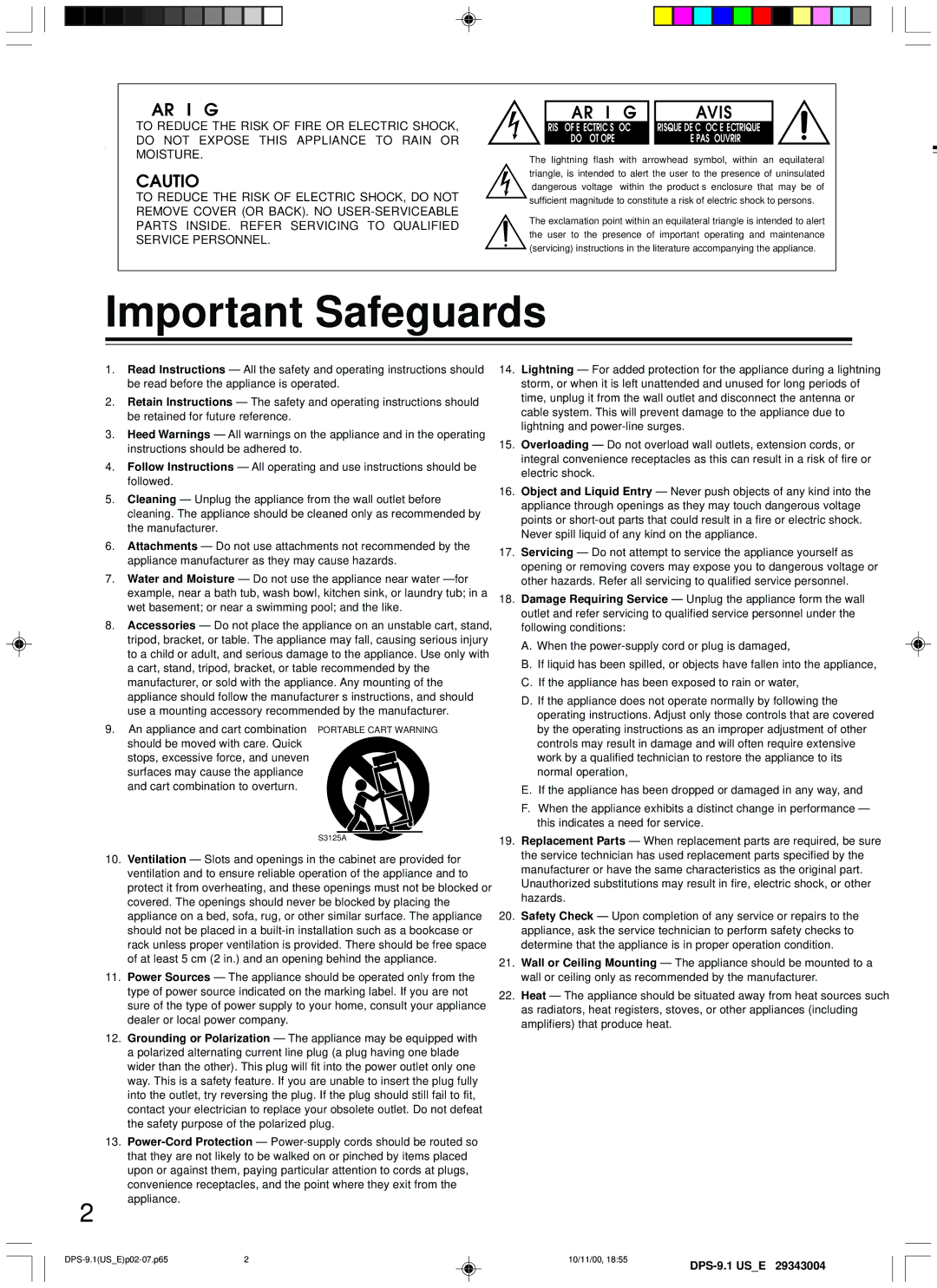 Integra DPS-9.1 instruction manual Important Safeguards, Avis 