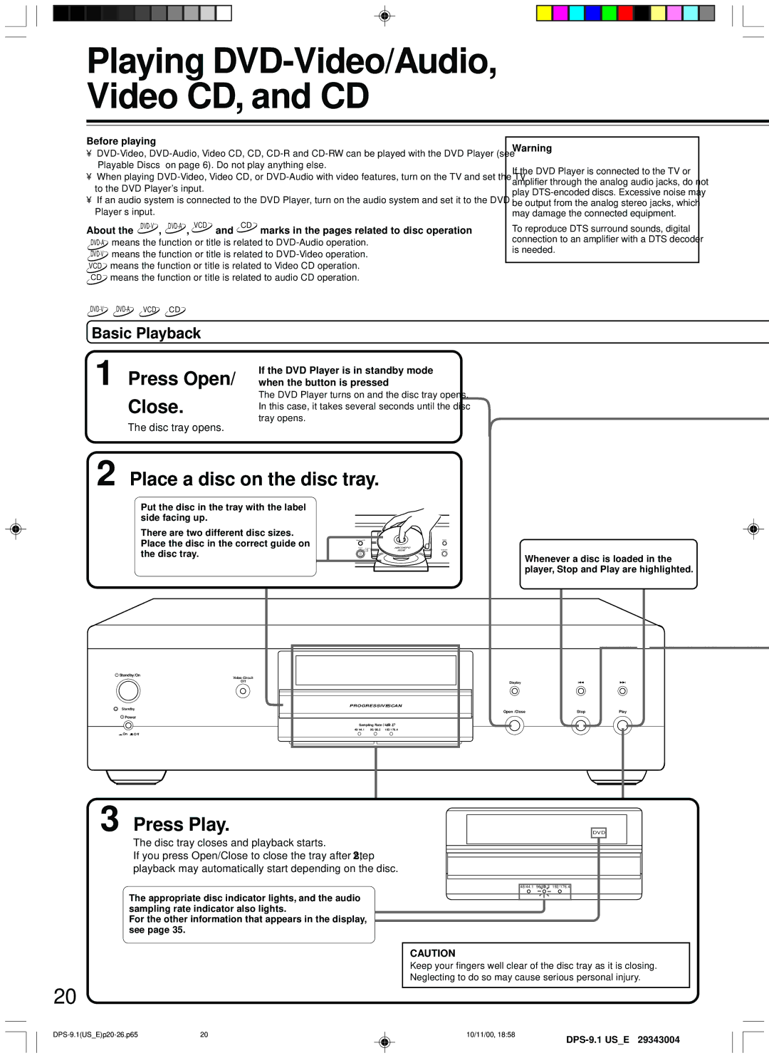 Integra DPS-9.1 instruction manual Basic Playback, Disc tray opens, Before playing 