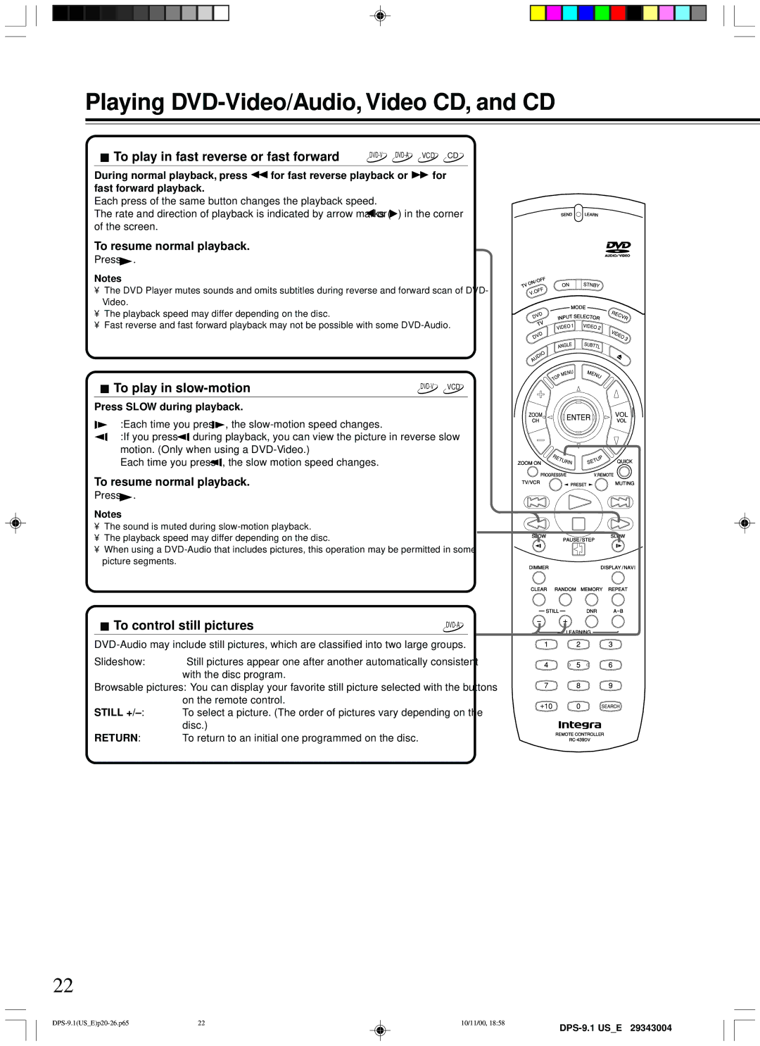 Integra DPS-9.1 To play in fast reverse or fast forward, To play in slow-motion, To control still pictures 