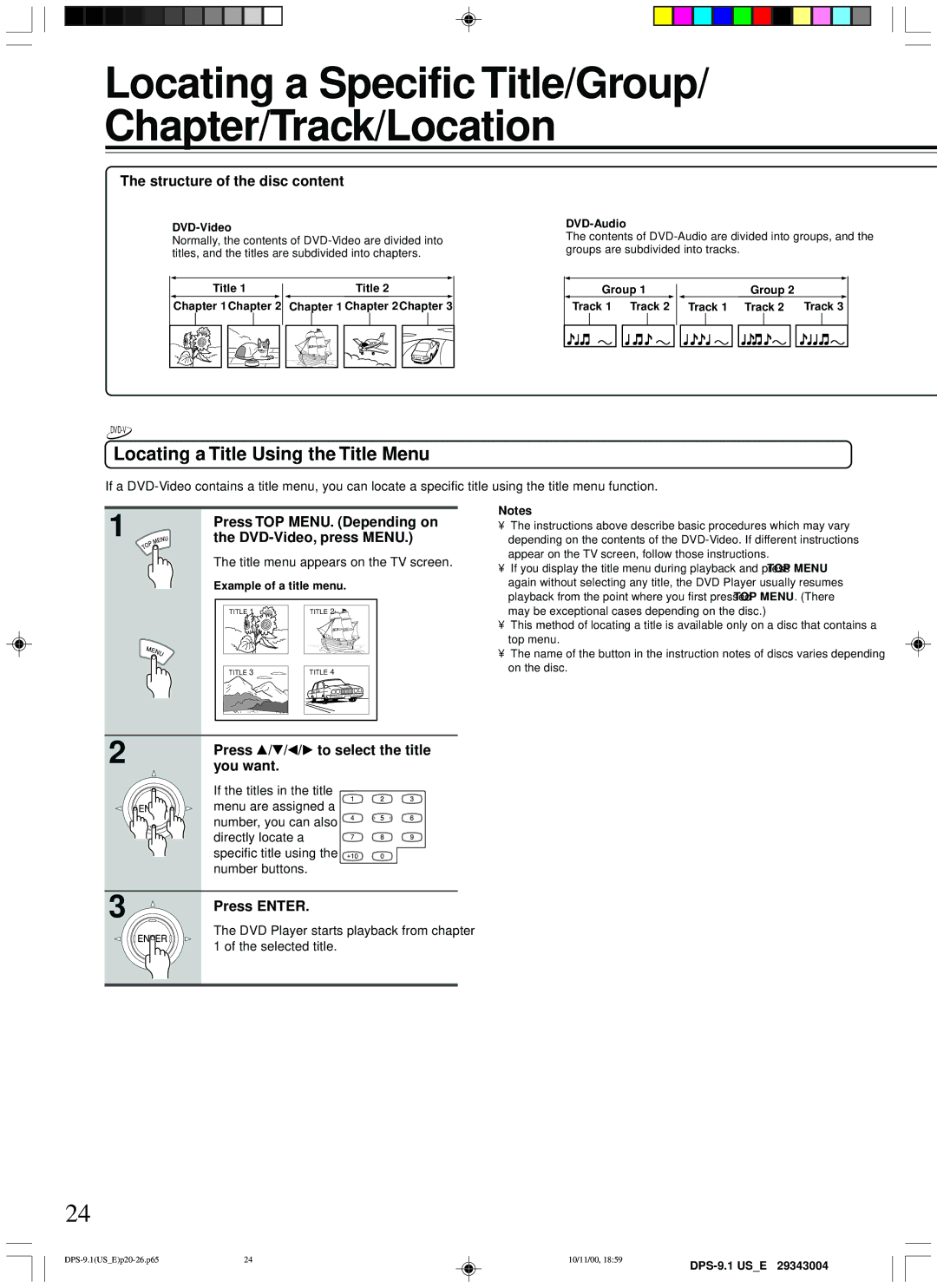 Integra DPS-9.1 instruction manual Locating a Title Using the Title Menu, Structure of the disc content, Press Enter 