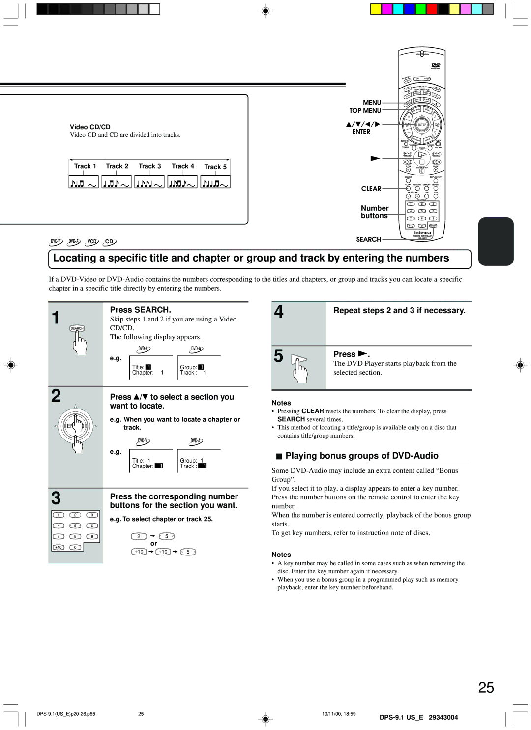 Integra DPS-9.1 Playing bonus groups of DVD-Audio, Press Search, Press / to select a section you want to locate 