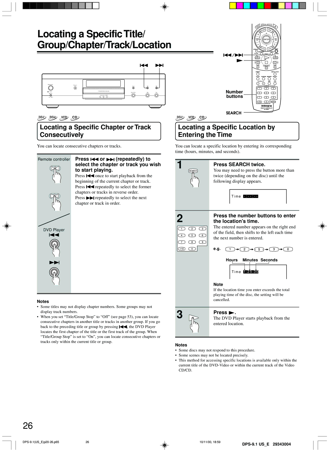 Integra DPS-9.1 Locating a Specific Chapter or Track Consecutively, Locating a Specific Location by Entering the Time 