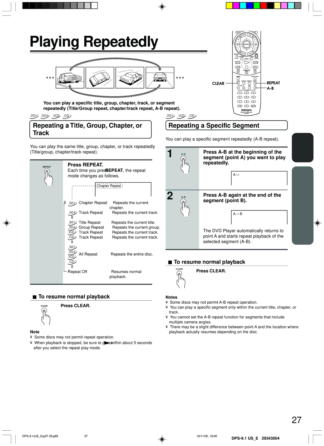 Integra DPS-9.1 Playing Repeatedly, Repeating a Title, Group, Chapter, or Track, Repeating a Specific Segment 